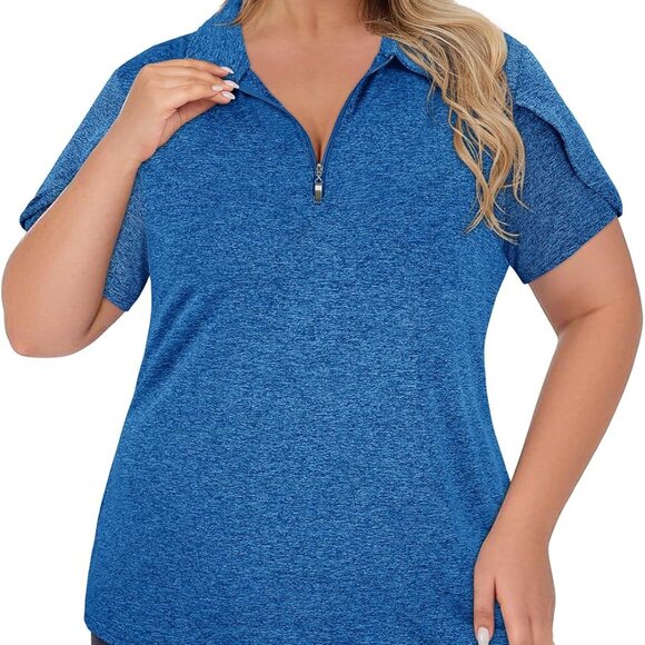 Navy Plus Size Women's Golf Polo Shirt Short Sleeve Zip Up UPF 50+ Tulip Sleeve - Picture 2 of 5